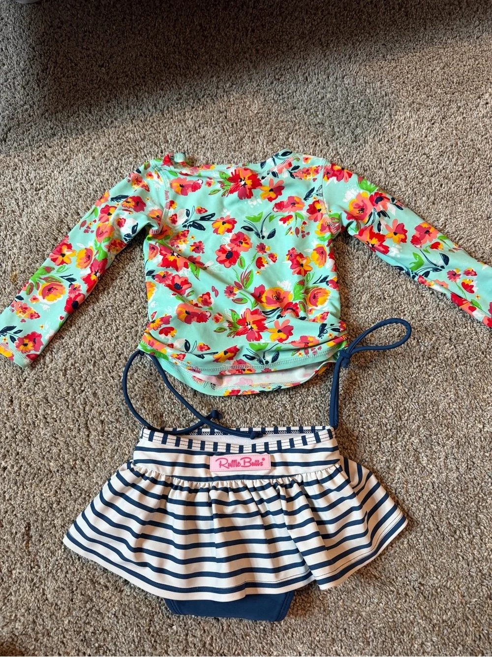 Ruffle Butts Mint Floral Long Sleeve Rashguard with Navy Stripe Skirted Bottoms